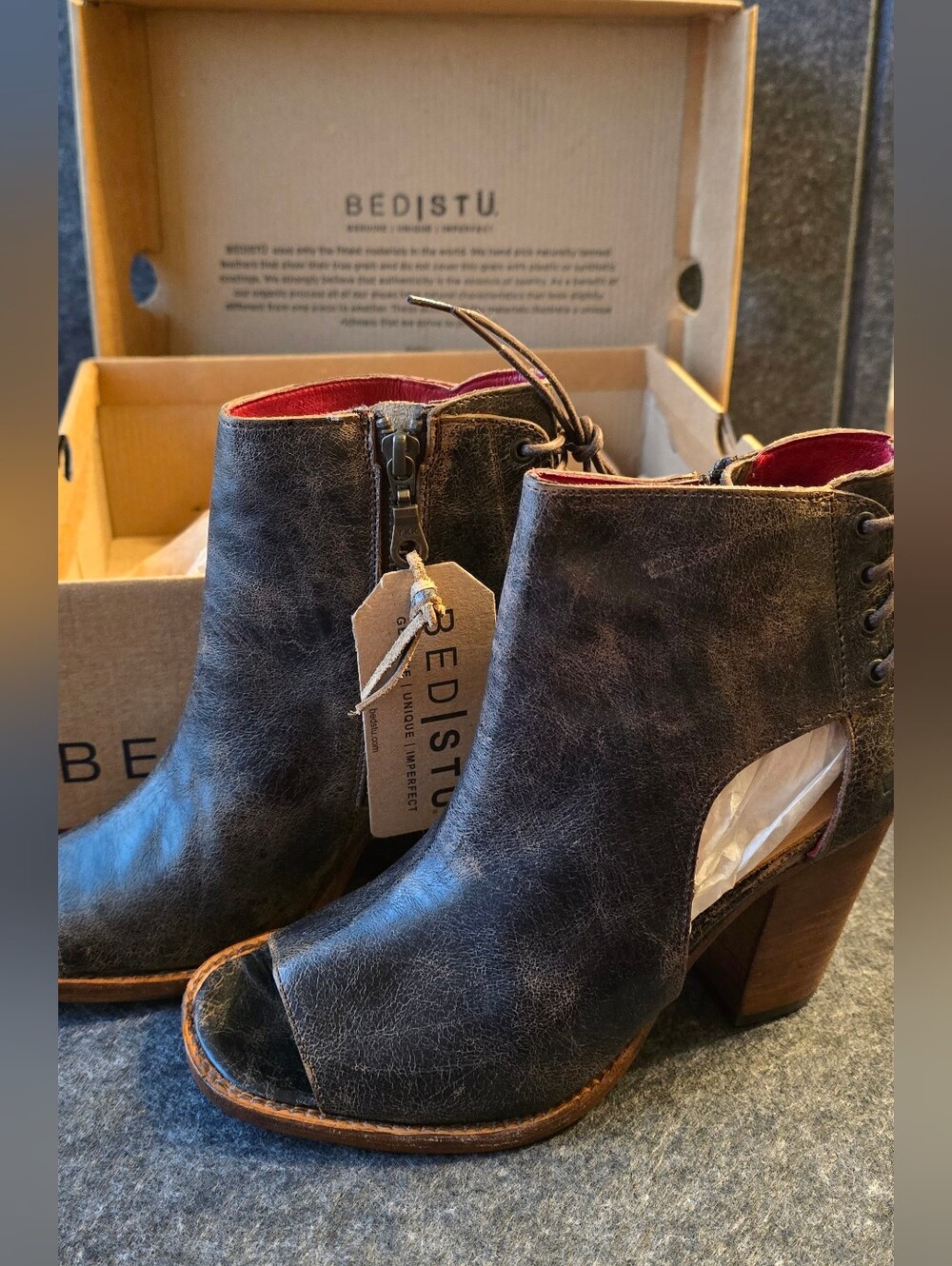BED|STU Distressed Black Open-Toe Lace-Back Ankle Booties